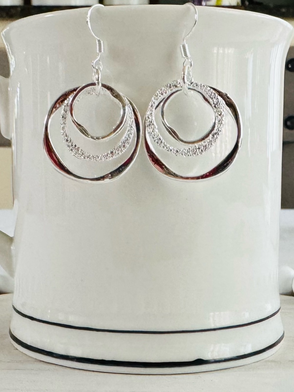 925 Sterling Silver Triple Hoop Dangle Earrings largest hoop is 1”